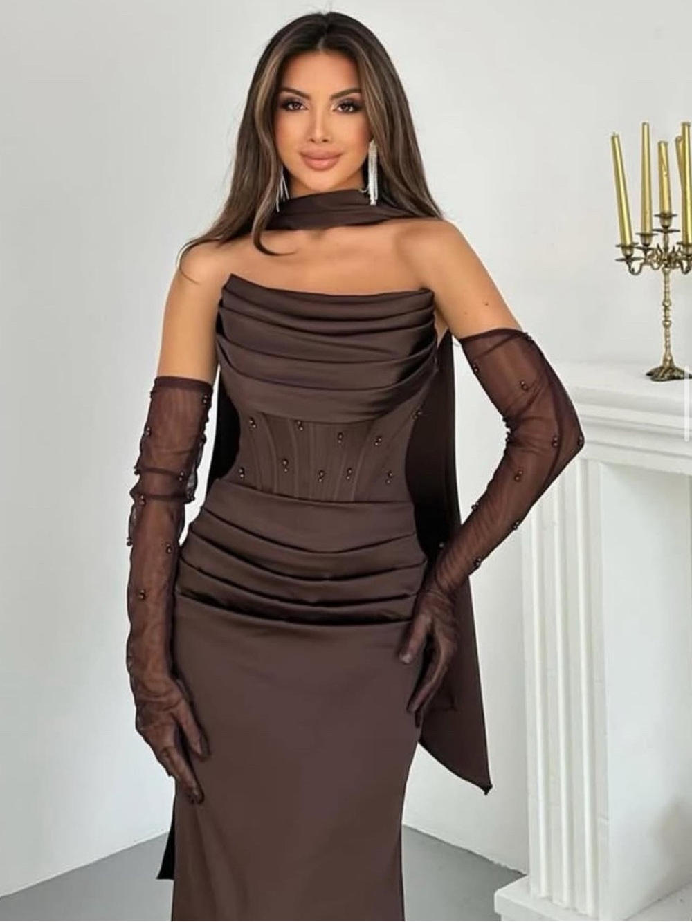 Strapless Brown Draped Evening Dress with Matching Sheer Gloves